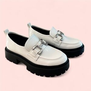 Madden NYC White Chunky Loafers with Silver Buckle Accent